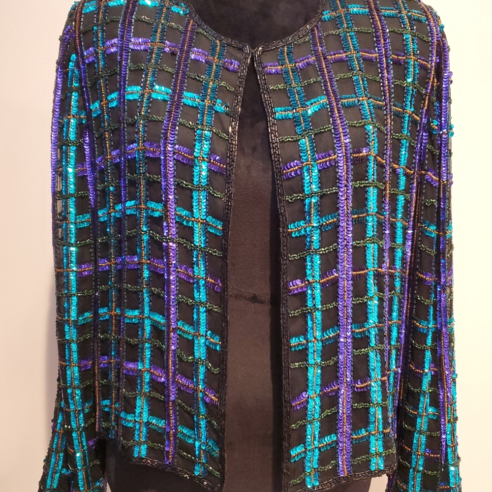Papell Beaded Sequin Silk Evening Jacket Sz M VTG